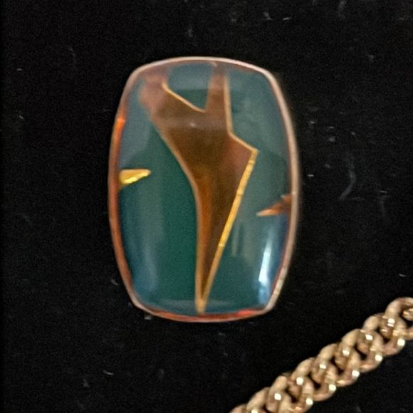 Vintage MCM Art Deco turquoise tone filled tie tack w/gold tone airplane & chain - Picture 2 of 7